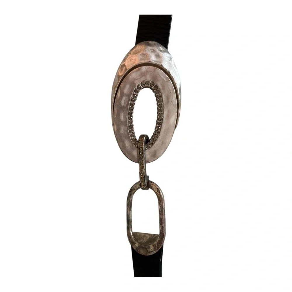 CHICO’S leather belt, size S/M, hammered gold tone with rhinestones buckle.Black